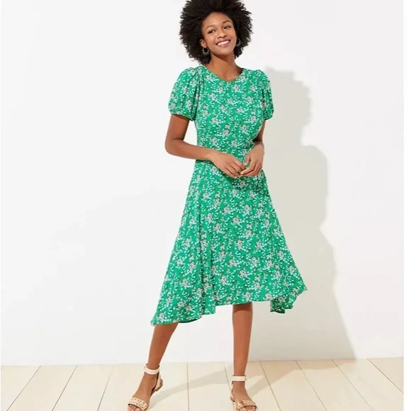 LOFT | Dresses | Hp Loft Green Buttercup Puff Sleeve Dress Sz 6p | Poshmark